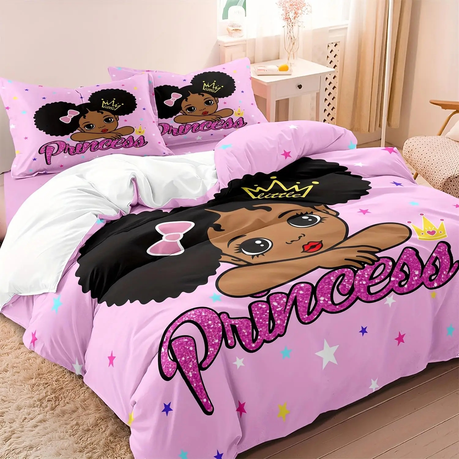 Cartoon Princess Pattern Duvet Cover Set, 3 Counts/set Including 1 Count Duvet Cover & 2 Counts Pillowcases without Filler, Soft Comfortable Bedding S