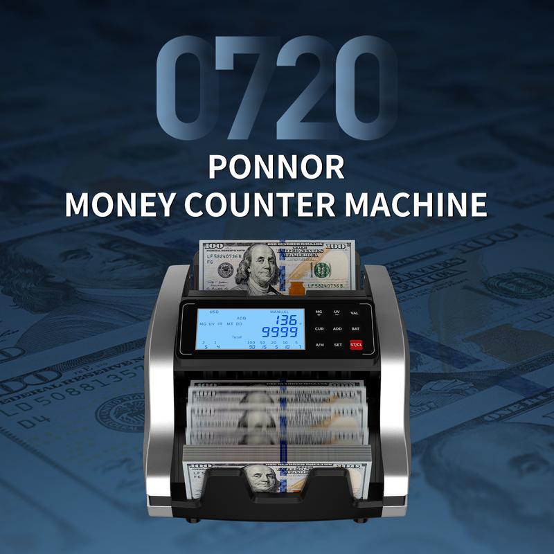 PONNOR Money Counter Machine with UV/MG/IR/MT/DD Detection for Fake Bills, LCD Display, Coin Box, COUNT/ADD/BATCH/AUTO Modes, Silent Operation, 1200 Notes/Minute