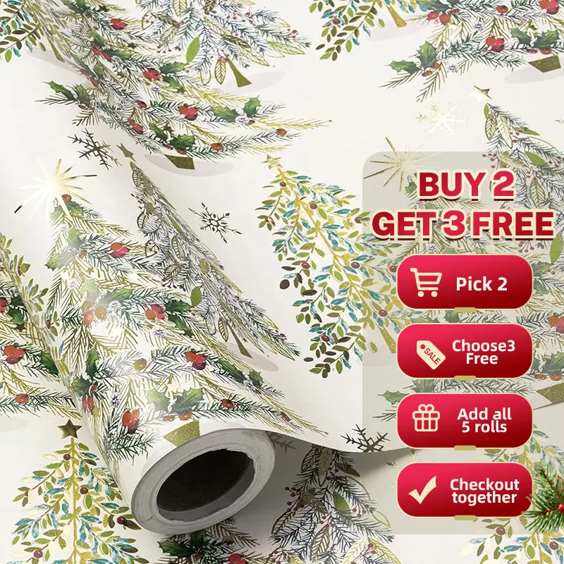 【Buy 2 Get 3 Free】RUSPEPA Christmas Wrapping Paper Roll  Holiday Gift Wrap with Santa,Snowman,Christmas Tree, Bear Plaid and Vintage Newspaper Patterns - Festive Xmas Wrapping Paper for Kids,Family,Friends,Holiday Party,Gift Exchange,  17 Inch x 16.4 Feet