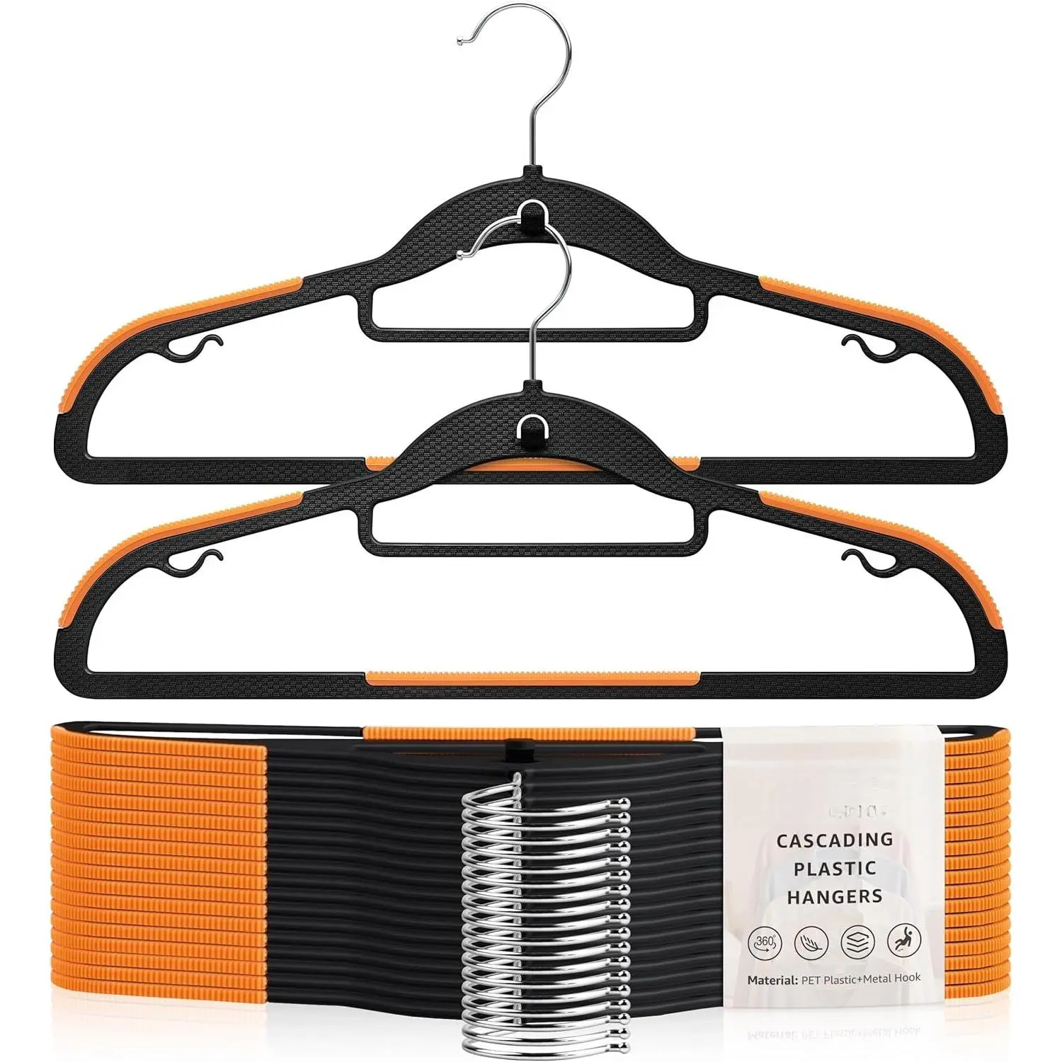 Cascading Plastic Clothes Hangers 20 Pack with Inner Hook for Vertical Storage, Slim Space Saving Hangers with Non-Slip Pads, 360? Swivel Metal Hook, Versatile, Black & Orange