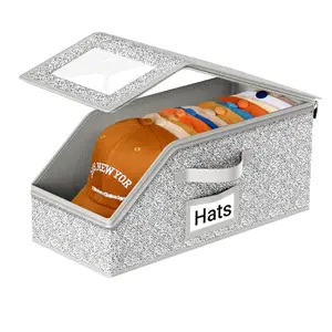 Grey Hat Organizer for Baseball Caps, 2-Piece Stackable Home Wardrobe Boxes with 17x8.7x6.7in Sturdy Cardboard Base, Dustproof Closet Holder (Holds Up to 24 Caps)