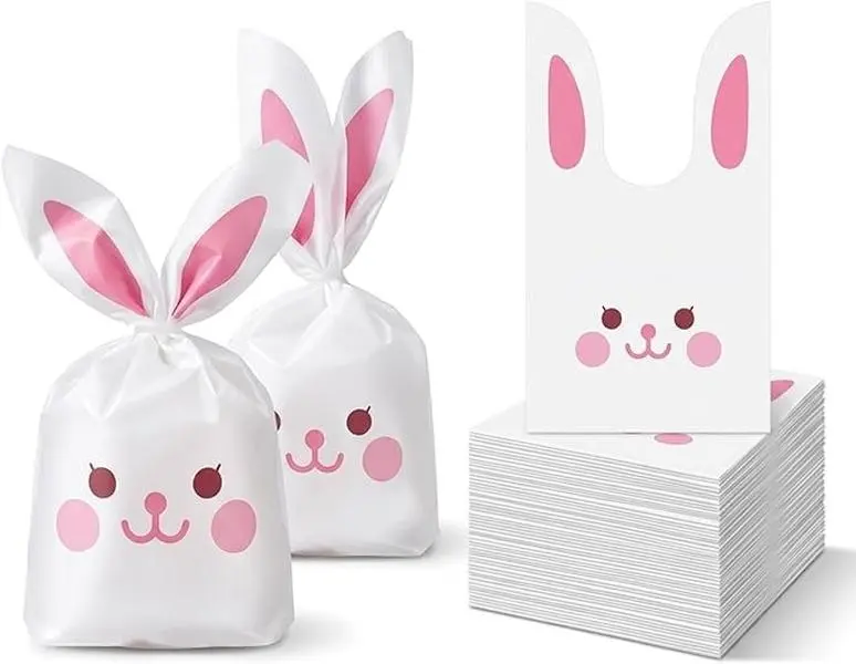 50 Pcs Easter Rabbit Long Ear Candy Gift Bags, Cute Bunny Easter Goodie Bags Bunny Cookie Snack Bag for Party Favor Supplies