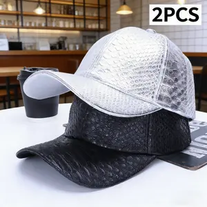 Two pairs of versatile trendy hats for men and women: leather baseball caps, crocodile-patterned PU baseball caps, street style hip-hop sun hats.