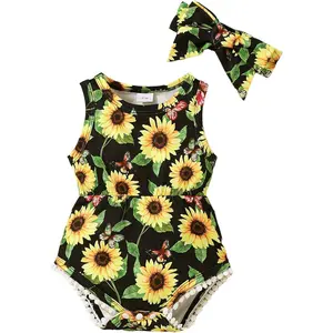 Newborn Infant Girl Cotton Blend Romper & Headband Clothing Sets, Animal Print, Crew Neck, Elastic Waist Summer Outfits (Baby Bodysuits & 1-Pieces)