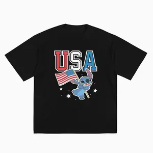DISNEY CLASSIC Lilo & Stitch USA Flag T-Shirt - Stitch Patriotic American Flag Graphic Tee, 4th of July Independence Day Casual Short Sleeve Tops for Men Women Kids, Soft Cotton Crewneck Shirt