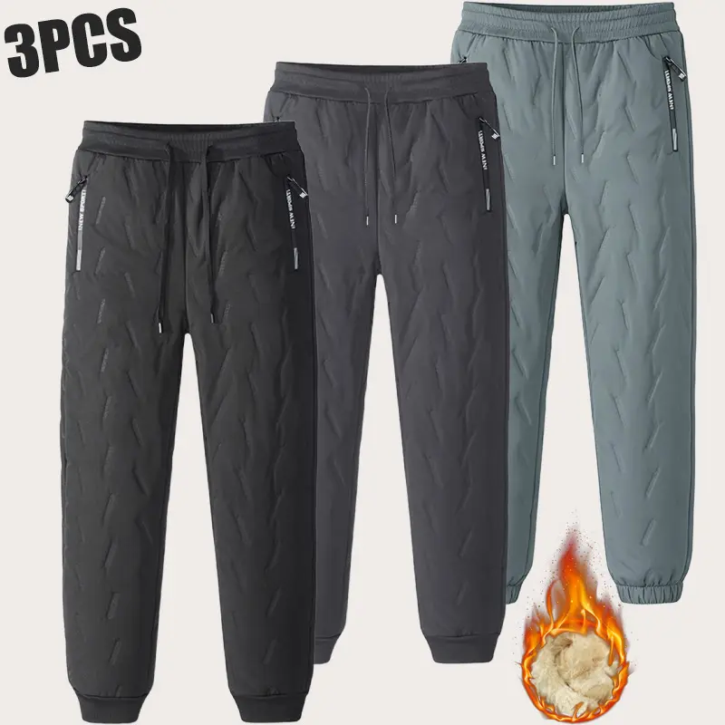 Men's 3-Pack Quilted Sweatpants, Casual Plain Joggers for Everyday Wear with Drawstring & Pockets, Black, Dark Gray & Light Gray