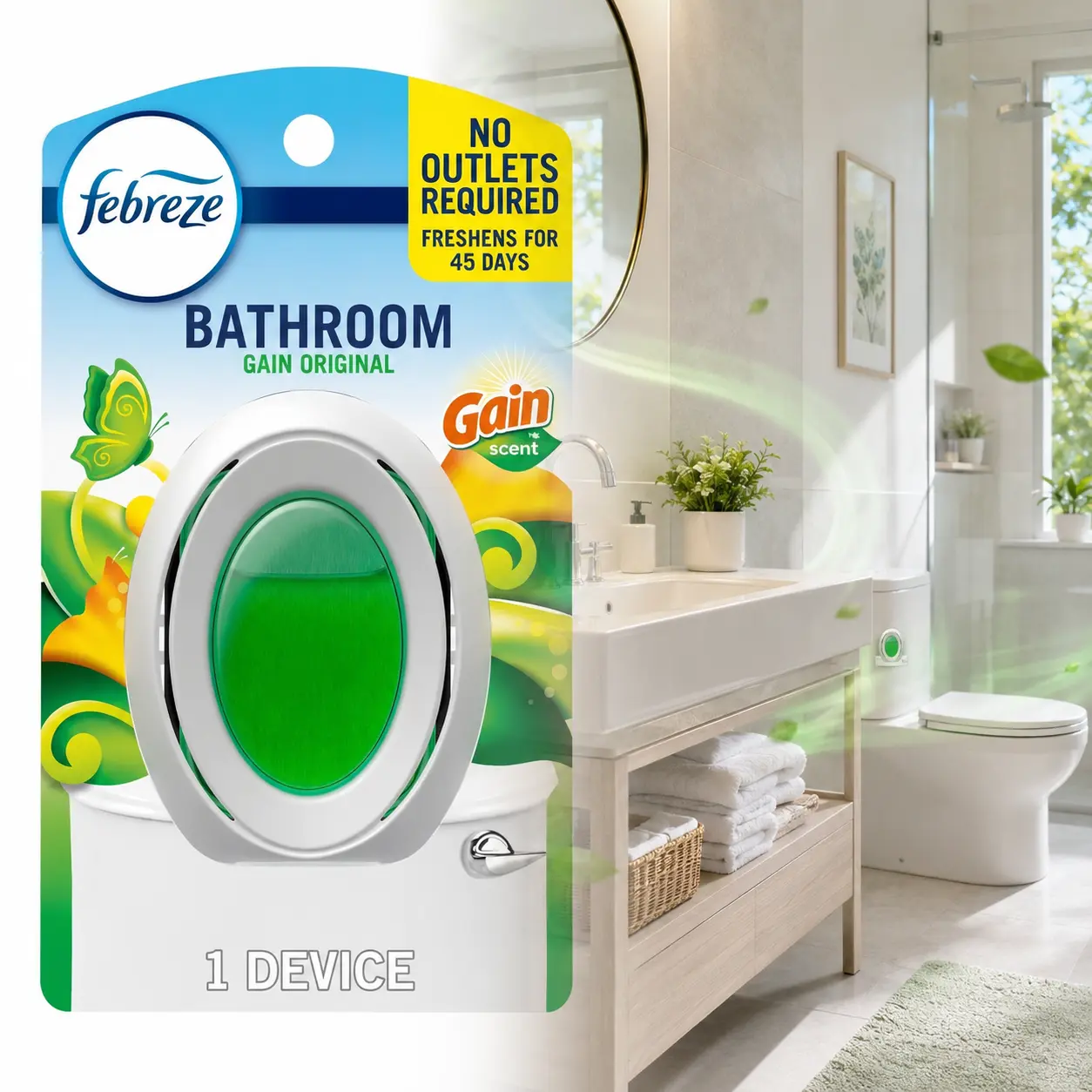 Febreze BATHROOM Gain Original Scent 7.5ml (0.25 FL oz.), continuous scent, odor eliminator, small spaces, bathroom odor control, closet freshener,laundry room deodorizer,powder room,guest bathroom,automatic air freshener,non-aerosol,Febreze refill holder