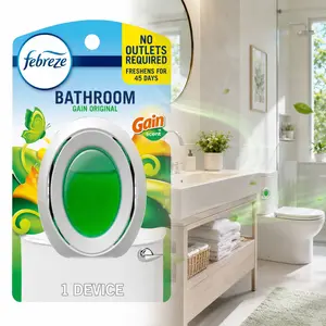 Febreze BATHROOM Gain Original Scent 7.5ml (0.25 FL oz.), continuous scent, odor eliminator, small spaces, bathroom odor control, closet freshener,laundry room deodorizer,powder room,guest bathroom,automatic air freshener,non-aerosol,Febreze refill holder