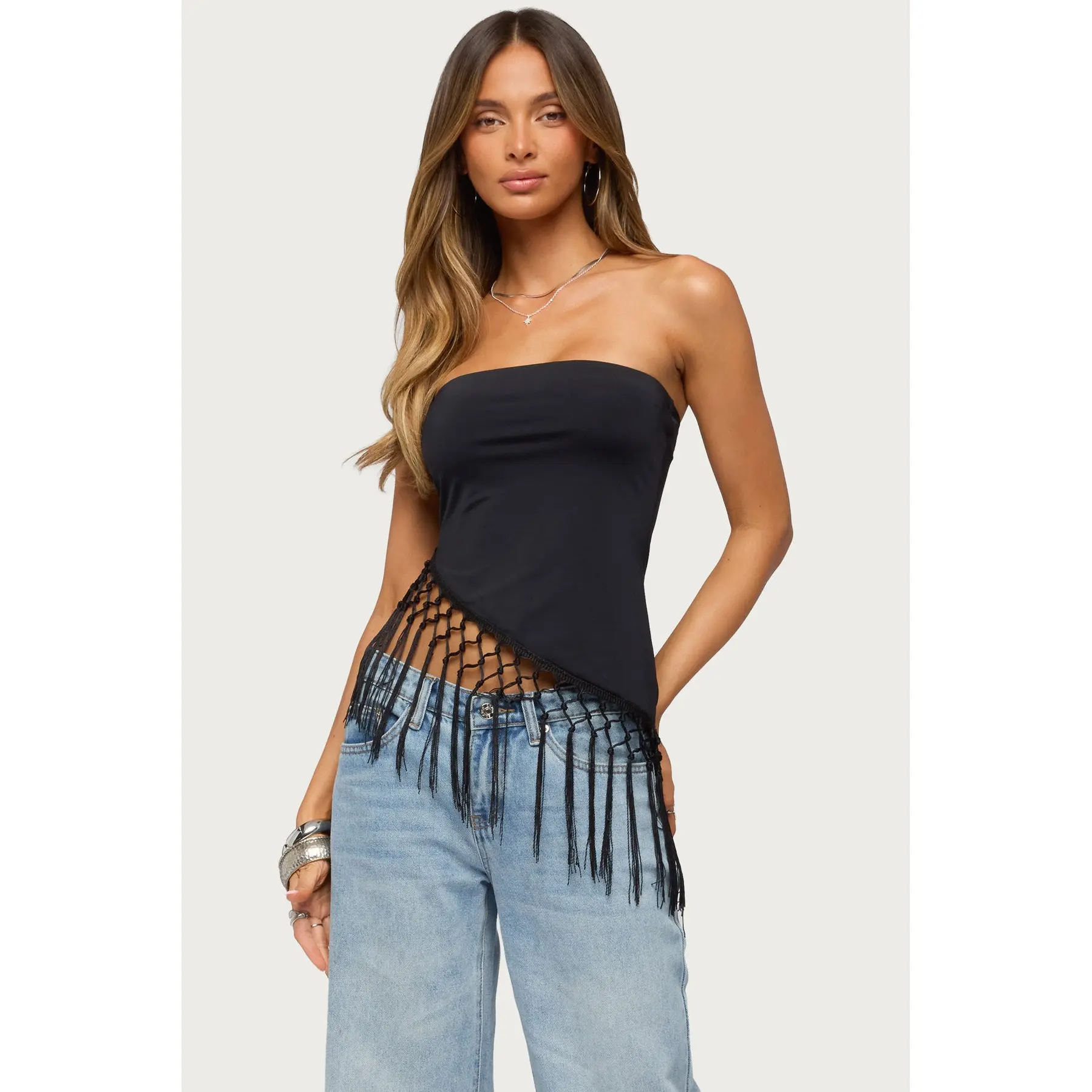 Sarika Asymmetric Fringe Strapless Top