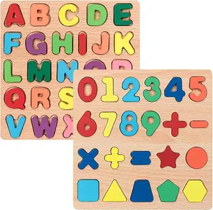 Wooden Jigsaw Puzzles for Kids, 2-Pack Kids Letter Shape Puzzles 3-Piece Wooden Kids Puzzles Wooden Letter Number Shape Puzzles Puzzle Toys for Boys and Girls