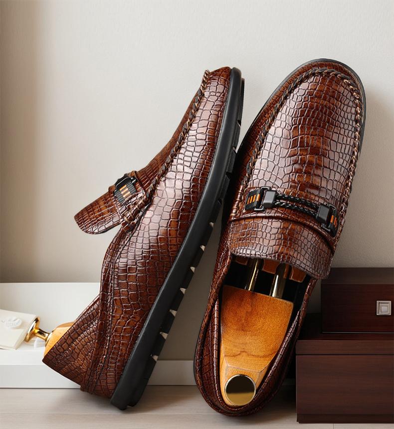 Men's Croc-Embossed Metal Bit Loafers, Black & Brown Formal Slip-On Leather Shoes25328