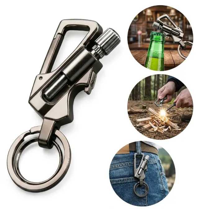 Sturdy Keychain for Men, Portable Solid Metal Multi-Tool with Waterproof Flint Lighter & Bottle Opener, Compact Casual Gear for Outdoors, 125G
