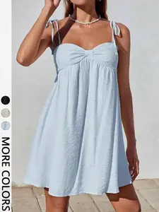 Women's Solid Color Tie Shoulder Cami Dress Casual Sleeveless Spaghetti Strap A Line Mini for Beach Holiday Vacation Summer Spring Flowy Sundress, Elegant, Formal, Versatile, Comfort, Wear, Style, Outfit