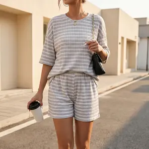 Casual Striped Knit Two-Piece Set |   Oversized Tee & Shorts for Vacation, Errands & Relaxed Summer Days