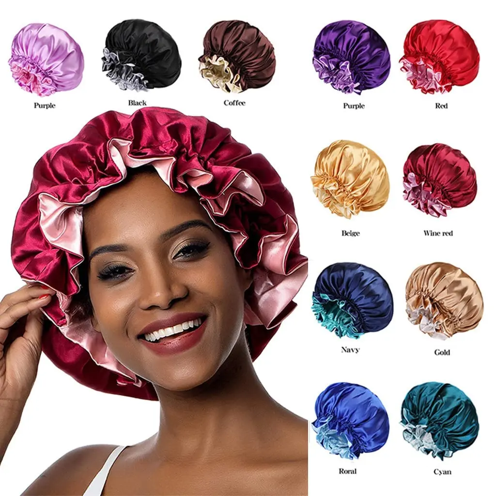 Double Layer Satin Bonnet for Women – Silk Sleep Cap with Elastic Ruffle Edge, Hair Protection Bonnet for Curly, Natural & Long Hair Haircare Lightweight