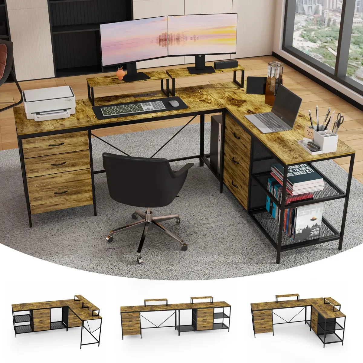 114"L Industrial Rustic Brown L‑Shaped Computer Desk, Cold‑Rolled Steel Frame Workstation with Power Hub, 6 Fabric Drawers, 3 Open Shelves & Movable Monitor Stands for Home Office Gaming