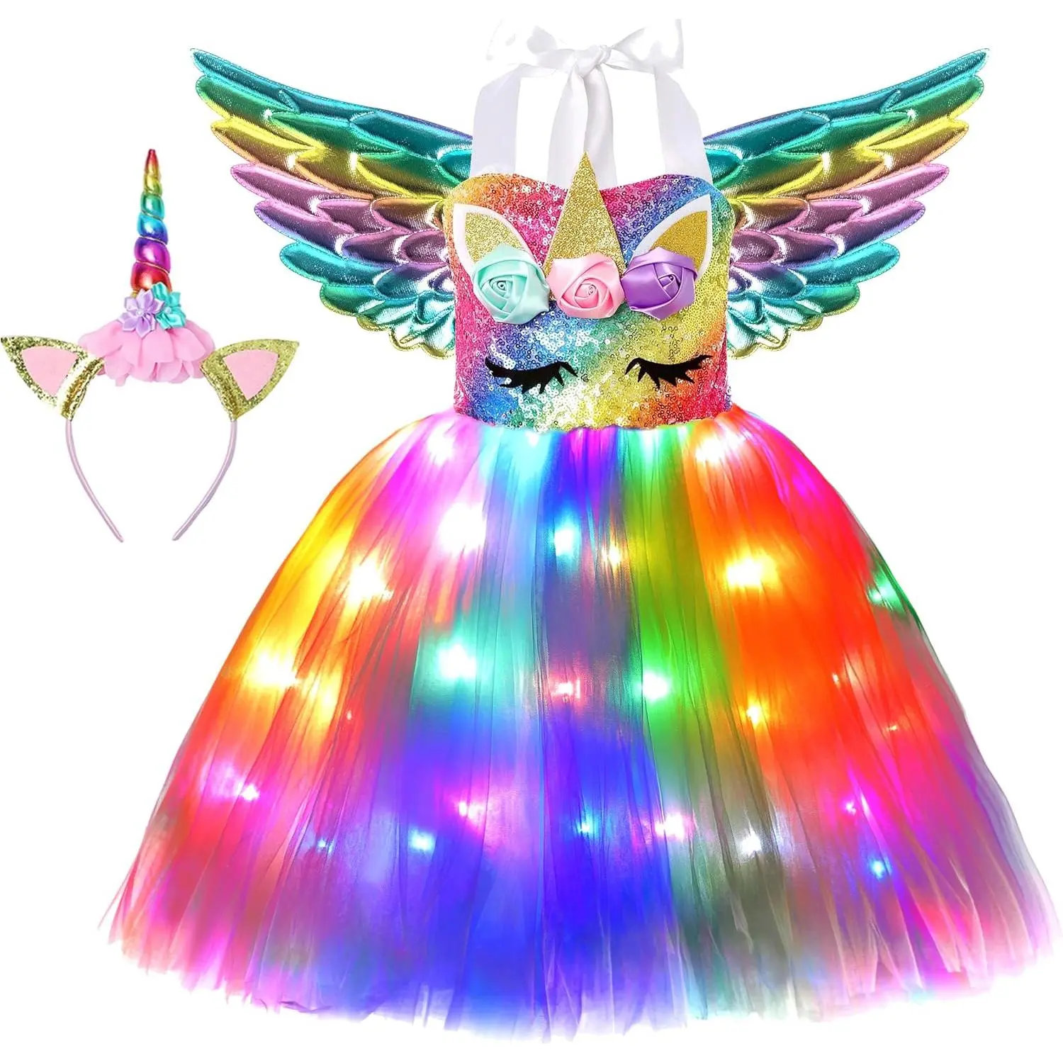 GJ-L-GCS007 Girls' Asymmetrical Neck LED Light-Up Unicorn Dress - Easy-On Bowtie, Costume Decoration, Party Accessory, Halloween Use, Dance Recital, All Seasons, 3-4Y, 5-6Y, Birthday Princess Events, Party Costume Accessory, Unicorn Halloween Costume