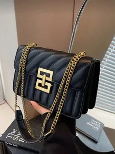 Women's Striped Fashion Lockable Square Bag, Solid Color Full Chain Lock Bag, Chain Strap Crossbody, Ideal Choice for Dating Girls, Casual Trendy Bag