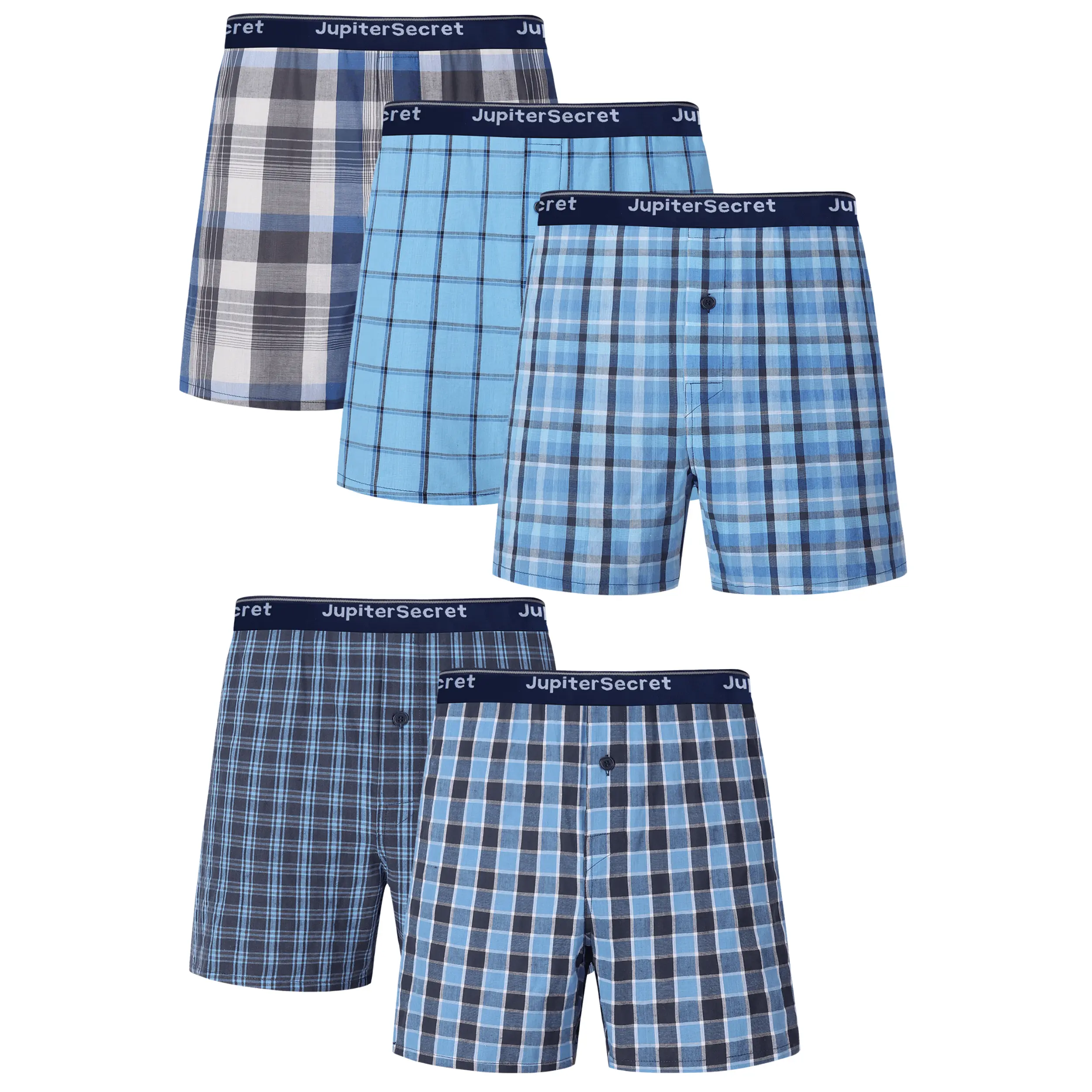 JupiterSecret 5-Pack/10-Pack Men's 100% Cotton Woven Boxer Shorts, Exposed Logo Waistband, Button Fly, Assorted Plaid Colors, Soft Breathable Fabric, Relaxed Fit