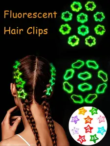 30pcs Fluorescent Glow-In-The-Dark Hair Clips with Glitter, Neon Glitter Star & Flower Snap Clips for Music Festivals, Rave & Night Events