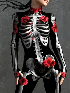 Gothic Skull Rose Bodysuit Blood Red Floral Jumpsuit for New Years Eve Masquerade Ball Carnival Parade Costume Party Wear in Polyester