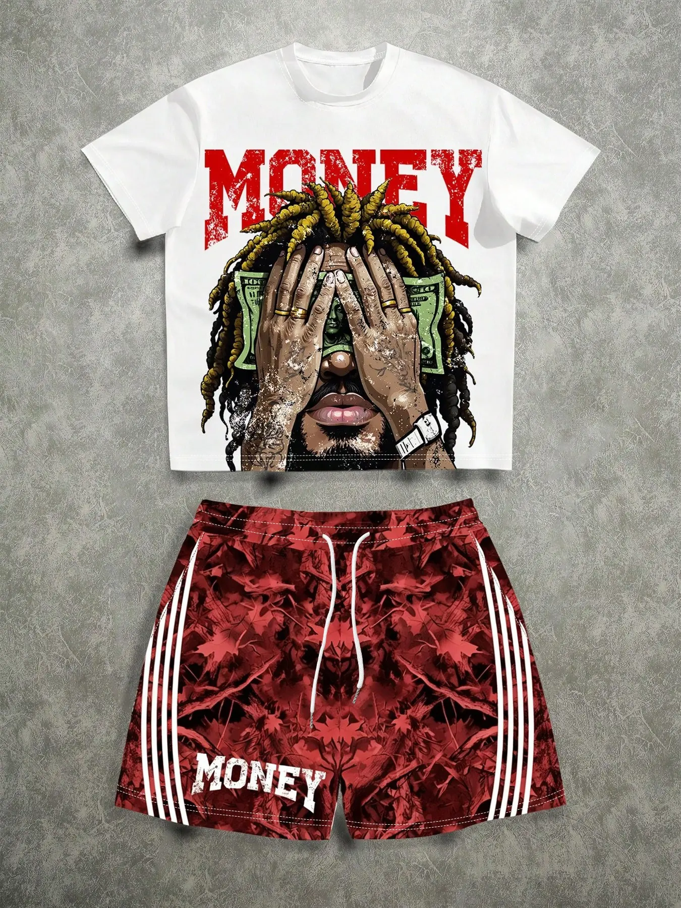 American Vintage Money Print Tee + Jungle Camouflage Shorts Set, Fashion Asymmetrical Design, Short Sleeve, Fitted, Casual, Streetwear, Menswear