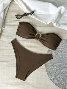 Women's Sexy Bandeau Bikini Set with Removable Straps & Metal Rings, Plain Design Swimwear for Women, Strapless Swimsuit Top, Bikini Outfits, Perfect for Beach & Pool