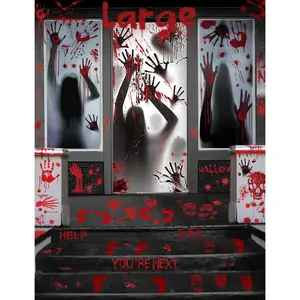 Wohohoho 11 Sheets/202 Pcs Bloody Halloween Decorations Set. 2 Giant Spooky Door Cover, 6 Sheets Horror Window Clings, 3 Sheets Scary Floor Stickers, Halloween Party Wall Decal Bedroom Inside Decor