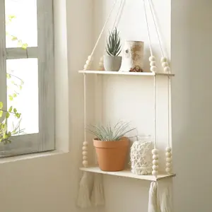 Boho Style Tassel Decor Hanging Shelf, Handmade Rope Rustic Wood Floating Shelf, Hanging Corner Wall Shelf, Wooden Wall Shelf for Bathroom, Bedroom, Living Room, Nursery, Vintage Home Decor