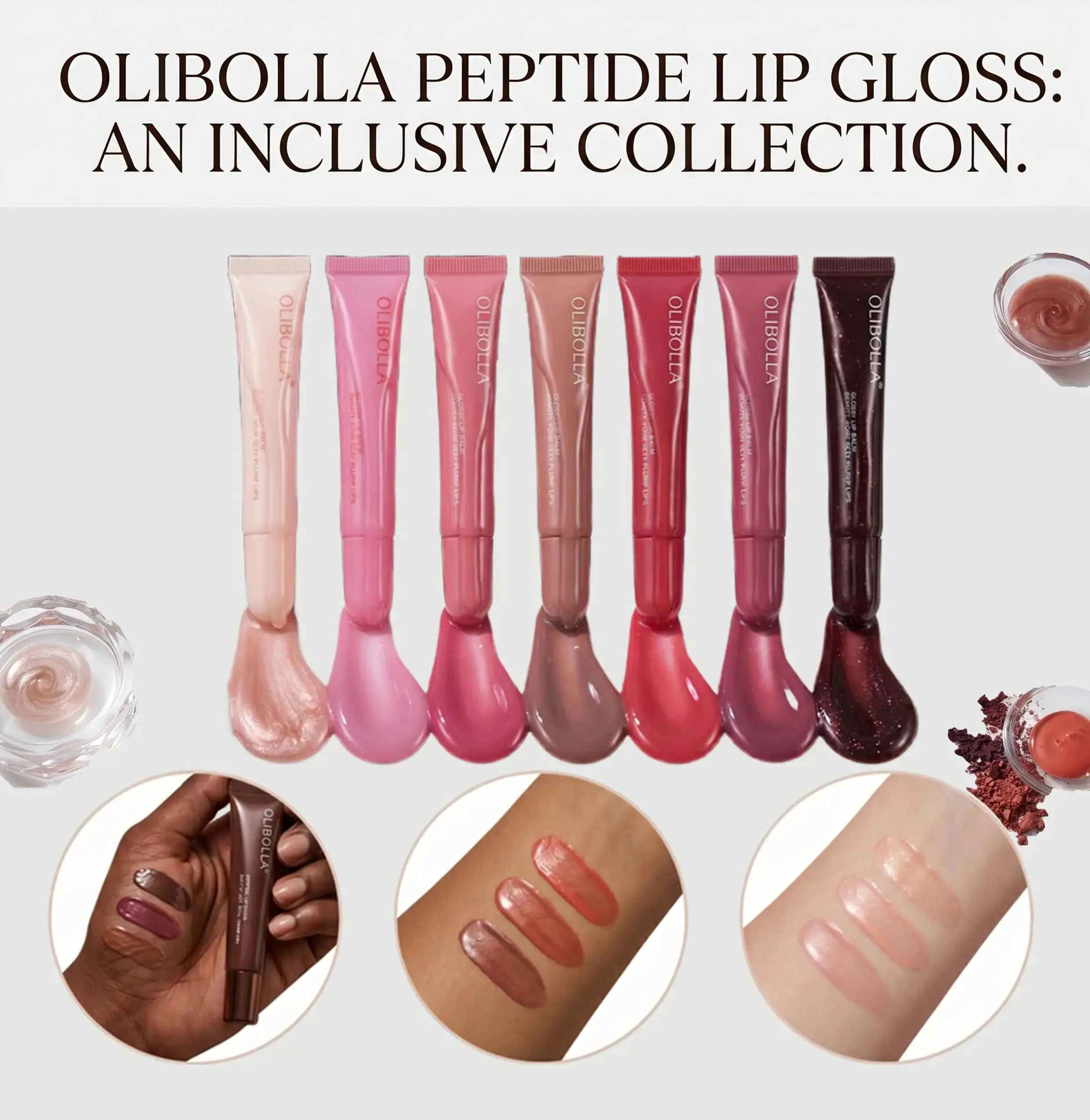 OLIBOLLA Peptide Lip Tints (8 Long-Lasting Shades) - Glossy Lip Gloss Makeup with Peptides, Moisture Lock, Smudge-Proof, Non-Sticky Formula for All-Day Dewy Shine, Hydrate