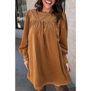 Desert Gold Corduroy Pleated Puff Sleeve Shift Short Dress