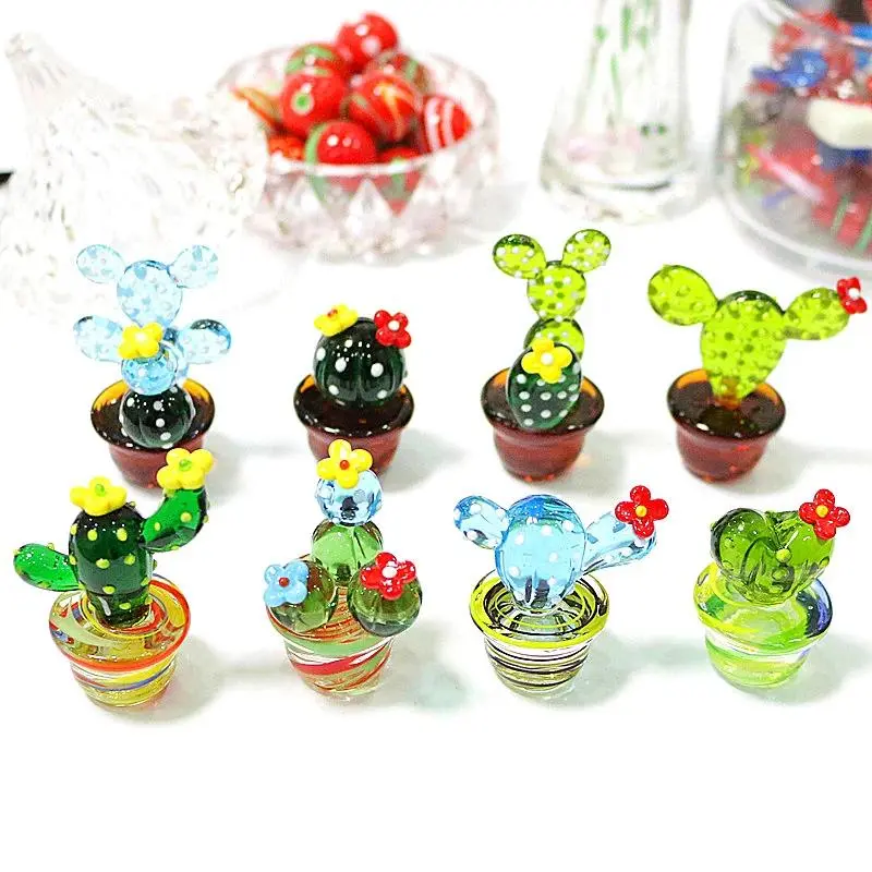 Handmade Murano Glass Cactus Figurines - Pastoral Style Colorful Mini Plant Ornaments, Desktop Crafts with Gift Box for Home Decor, Garden Supplies