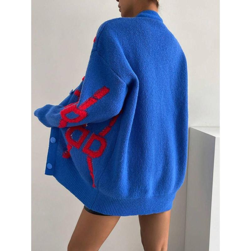 Letter Pattern Drop Shoulder Cardigan,Long Sleeve Tops Fall Winter Cloth For Women Fabric Fit