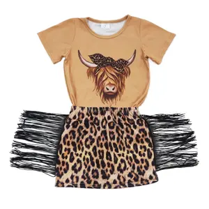 GSD0301--Girls Alpine Cattle Short Sleeve Leopard Fringe Skirt Western Set