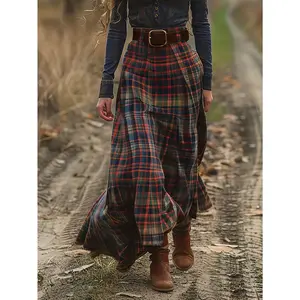 Bohemian Style Women'S Vintage Plaid Patchwork Long Skirt with Belt, Perfect for a Rustic Countryside Look