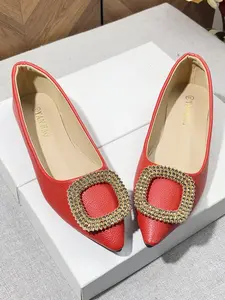 Women's Pointed Toe Ballet Flats, Artificial Leather, Rhinestone Buckle, Comfortable All-Season Dress Shoes, Multiple Colors Available