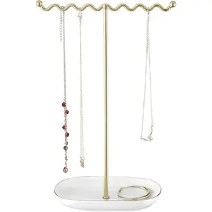 Saydear Elegant Jewelry Holder Tree Stand with Ceramic Tray - Metal Necklace Holder Organizer for Rings Bracelets Earrings - Tangle Free, Rustproof Decorative Display for Vanity Dresser Deluxe White