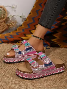 Women's Summer Fashion Thick Sole Sandals Bohemian Style Platform Slides 2026 New Trendy Rhinestone Colorful Stone Slippers O Wedge Beach Shoes Must-have for Coastal Vacation Flexible Sandals