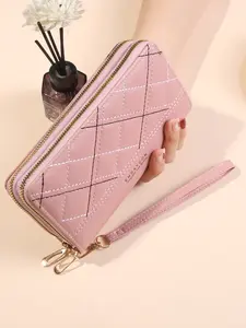 Endaycon New Women's Wallet with Dual Zippers, Long Handbag, Fashionable Simple Embroidery, Large Capacity Two-Layer Daily Use Purse