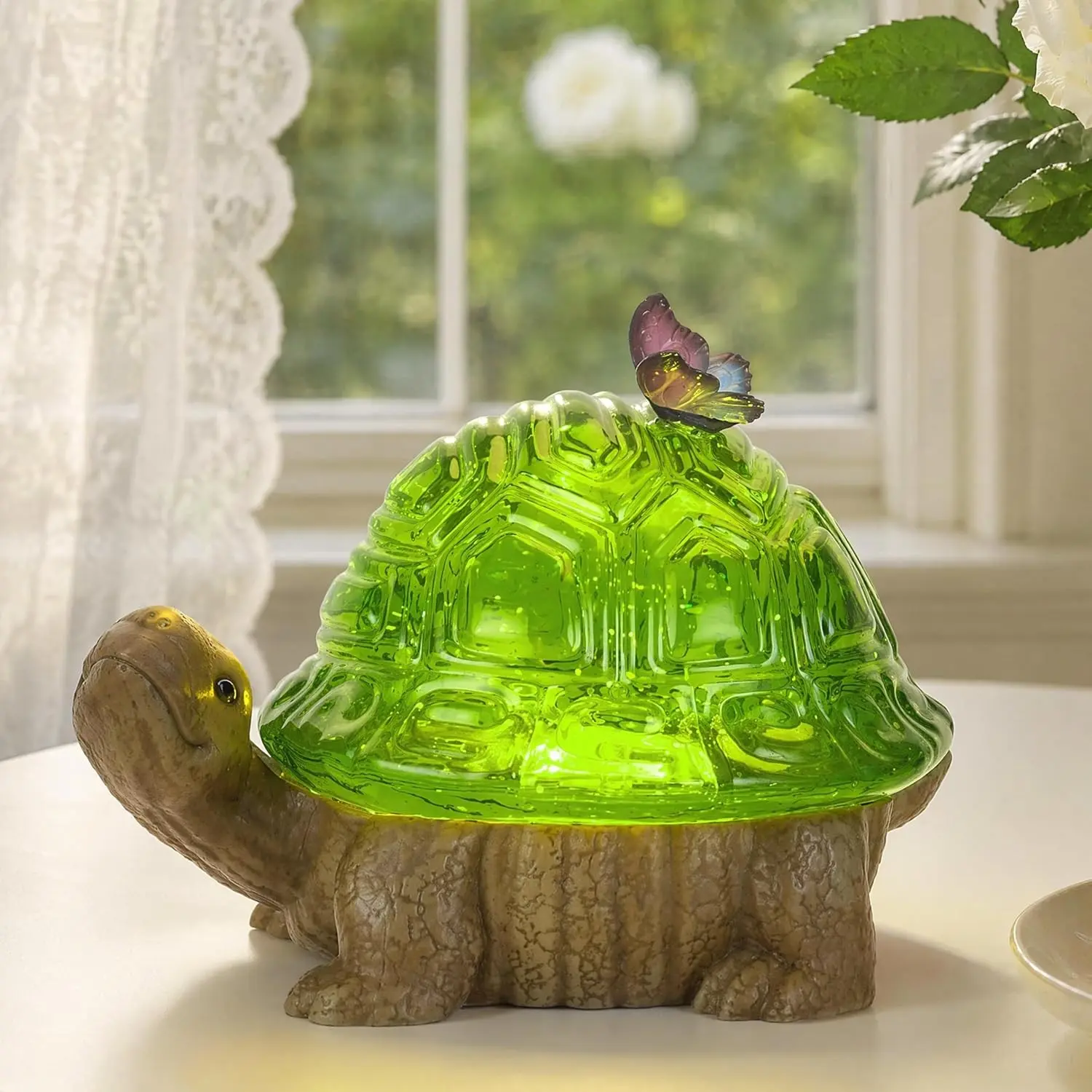 Turtle Snow Globe Decor with 6H Timer Swirling Glitter USB/Battery Operated Spring Figurine for Spring Holiday Home Decor Gift