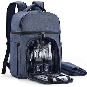 Insulated Picnic Backpack & Accessories Set for 2 Person with Dual Compartments, Lightweight Blanket, Cutlery, Great Gift for Newlyweds and Couples, Blue