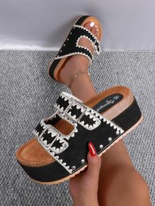 women's fashionable rivet design slip on wedge sandals, boho style ethnic pattern design sandals for beach vacation, non-slip thick sole sandals for summer daily wear, footwear, boho style slides