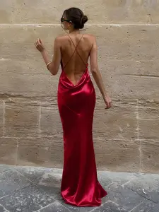 Sexy Series Backless V-Neck Satin Dress, Women's Wine Cocktail Evening Gown, Long Sleeveless Party Dress, Elegant Prom Dress, Formal Sleeveless Dress