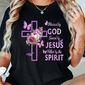 100% Cotton Casual Tshirt By God Saved By Jesus Purple Floral Cross Christian T-Shirt