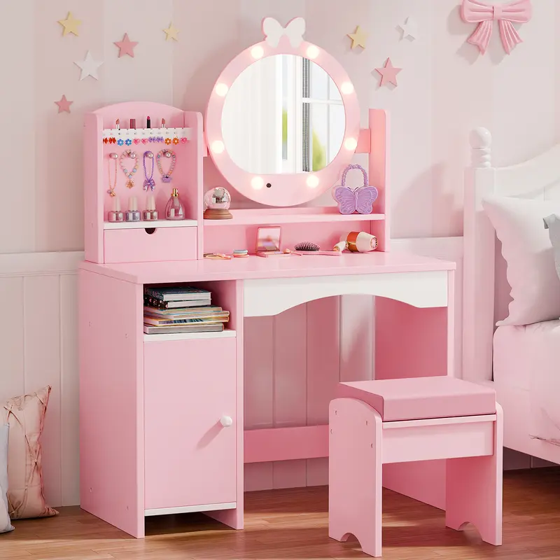 Kids Makeup Vanity Desk and Chair Set - Girls Princess Makeup Dressing Table with LED Mirror, Jewelry Organizer, Leather Wrap Easy-Clean Leather Top, Drawer and Cabinet, Cushioned Stool, Easy Setup Indoor Furniture, Birthday Gift for Toddlers