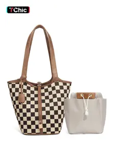 Women's Checkered Plaid Tote Bag, Bucket Purse, Fashionable Bucket Bag, Top Handle Handbag, Shoulder Bag with Detachable Small Purse, Checkerboard Satchel Bags, Holidays gifts, Suitable for work, commuting, travel