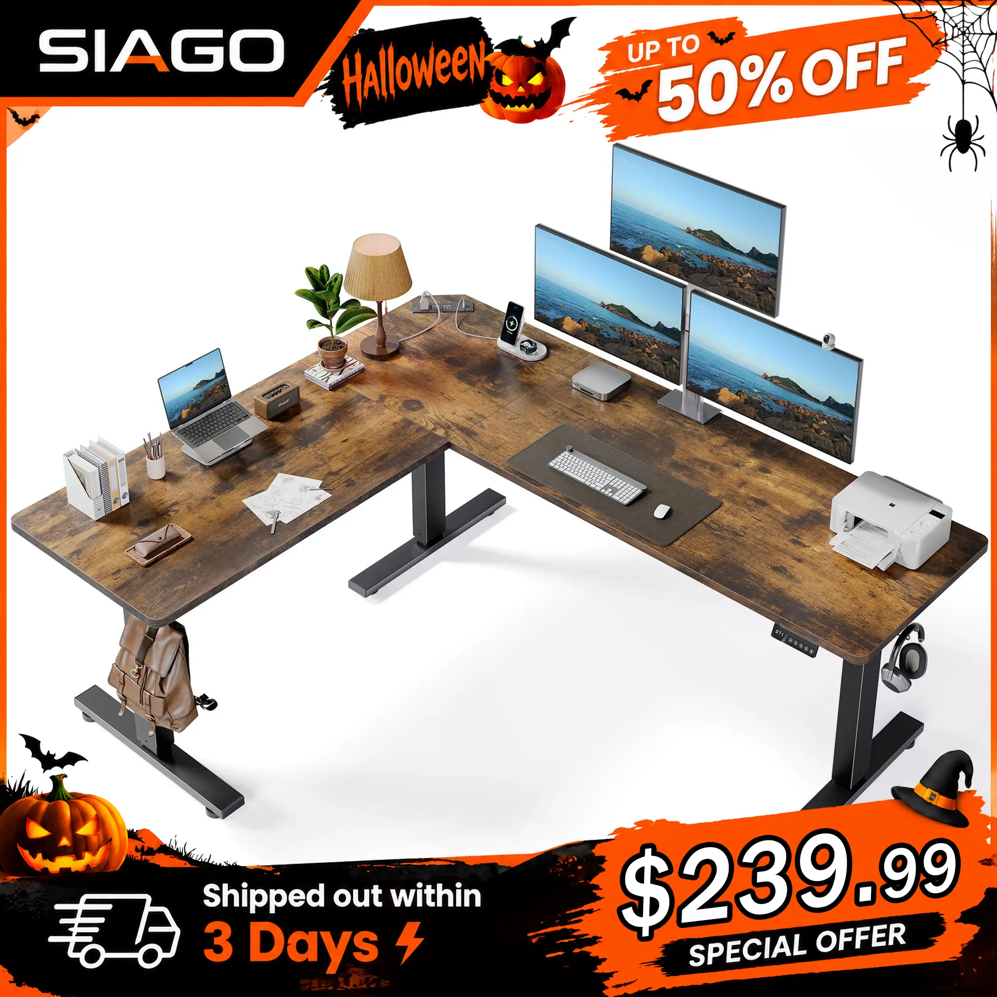 SIAGO Sturdy Computer Standing Desk, 75x63 Inch L-Shaped Adjustable Corner Desk with Charging Station, Memory Controller and Splice Board, Wood Home Office Workstation - Valentine Gift, Sturdy Computer Desk