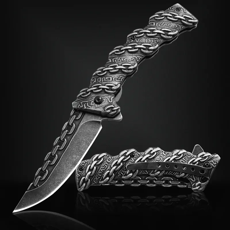 Folding pocket knife grey outdoors camping whittling metal handle