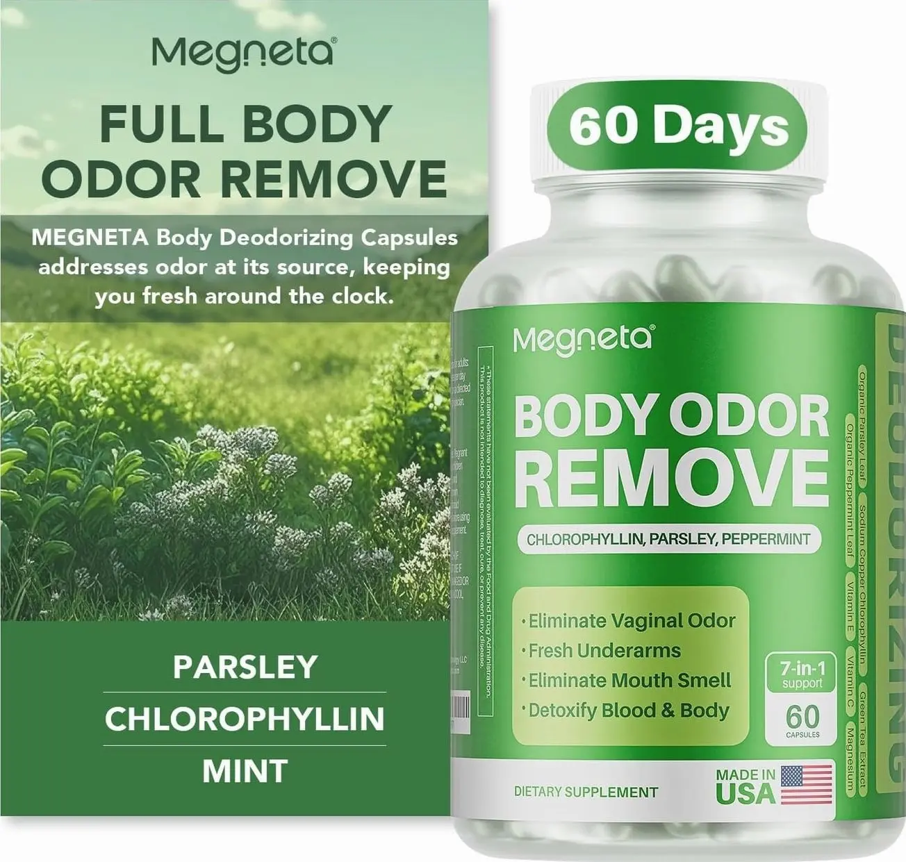 Body Deodorizing Supplement, Natural Internal Odor Control Pills for Men & Women, Chlorophyll Capsules for Skin, Breath, and Gut Health (60 Capsules)
