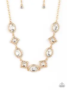 Diamond of the Season - Gold Square and Oval-Cut Frames with Gems of the Same Shape Bordered by White Rhinestones Necklace